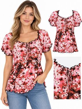 Susan Lawrence Pink Floral Smocked Top XL Short Sleeve Stretch